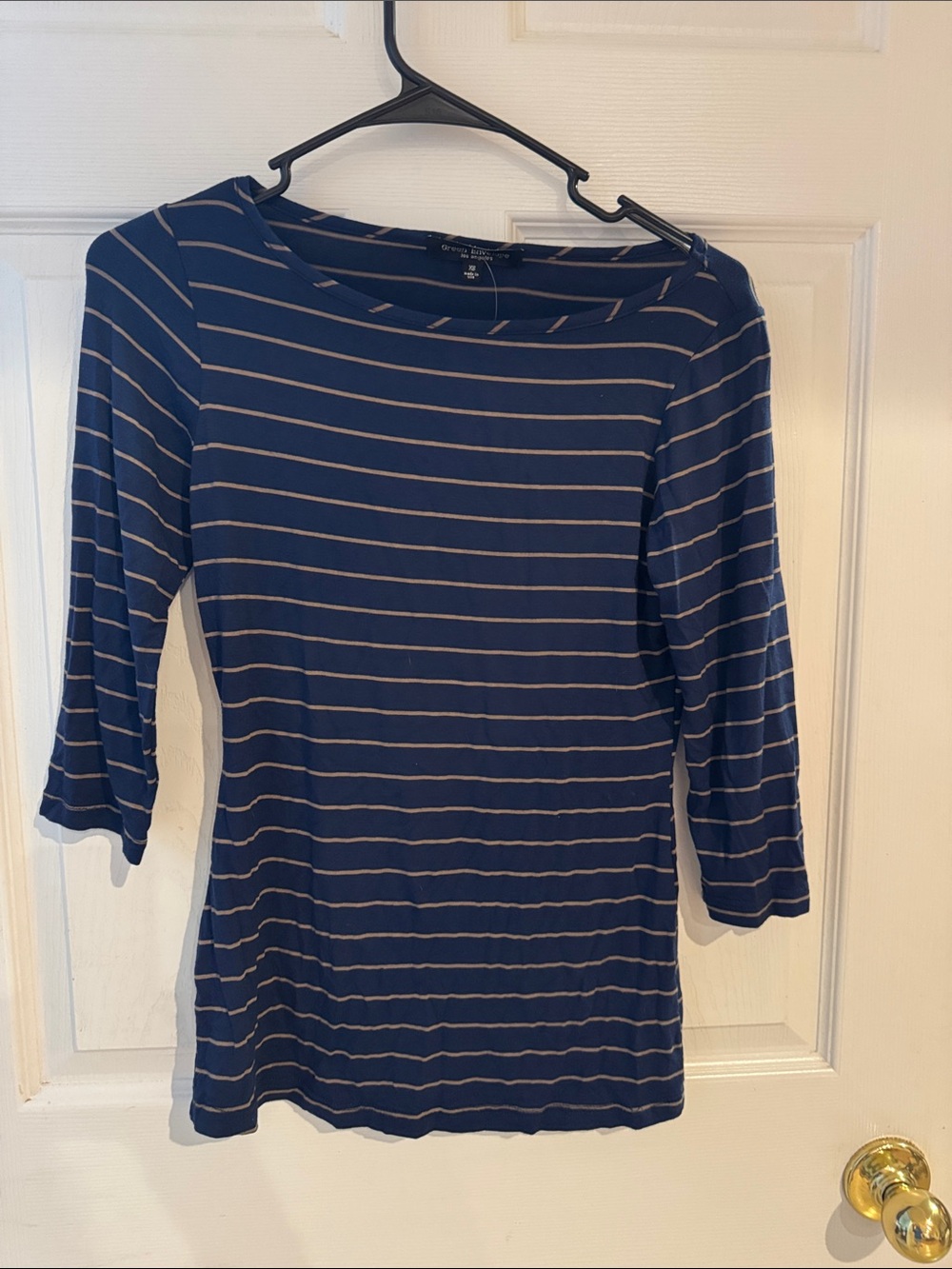 Green Envelope Navy and Tan Striped Scoop Neck Long Sleeve Top
